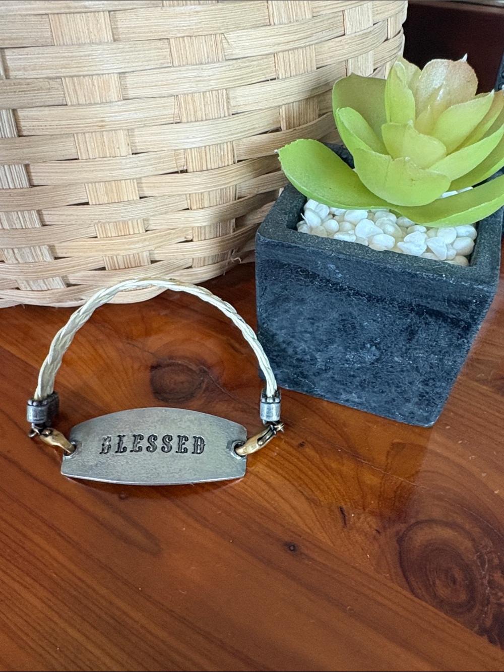 Lenny and Eva Braided Cream Leather Bracelet with 'Blessed' Charm
